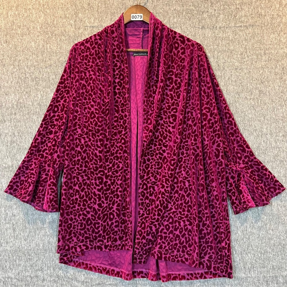 Nally‎ & Millie Cardigan Women's S/M Fuchsia/Purple Open Front Leopard Burnout